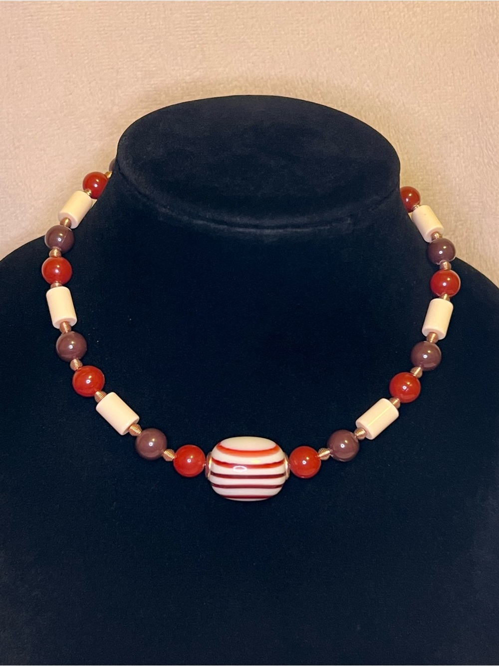 Sarah Coventry Cream and Brown Striped Bead Necklace